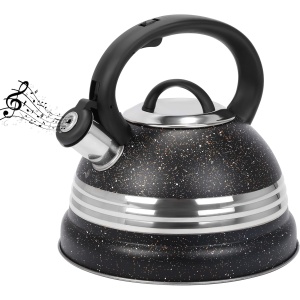 Ceainic fluierator, Belle Vous, din otel inoxidabil, 3 L, maner rezistent la caldura, 22.5 x 22 cm, compatibil cu toate tipurile de plita, Negru/Argintiu