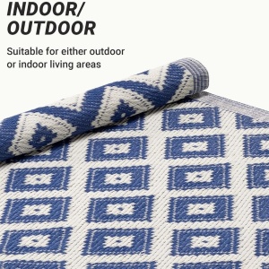 Covor pentru exterior JEMIDI, 120x180cm, polipropilena, rezistent la intemperii, usor de curatat, pentru balcon/terasa, Alb/Albastru - Img 5