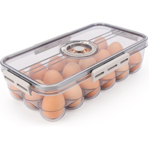 Cutie depozitare oua pentru frigider Belle Vous, 18 compartimente, capac cu indicator data expirare, plastic PET fara BPA, 18 x 32.5 x 9 cm, Transparent