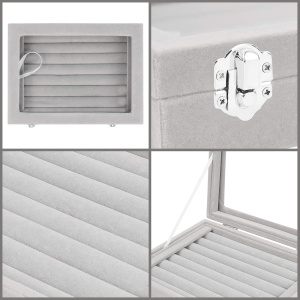 Cutie organizatoare pentru bijuterii Kurtzy, 7 compartimente pentru inele, capac din sticla, interior catifea, inchidere cu capse metalice, 20 x 15 x 4.7 cm, Gri - Img 7