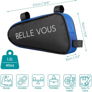 Geanta de bicicleta triunghiulara, Belle Vous, 15 x 27 cm, 1.2L, din poliester, impermeabila, usoara, compartimentata, Negru/Albastru - Img 5