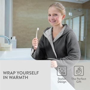 Halat de baie pentru copii HOMELEVEL, 11-12 ani, 146-152 cm, reversibil, din poliester, cu gluga, Antracit/Negru - Img 5