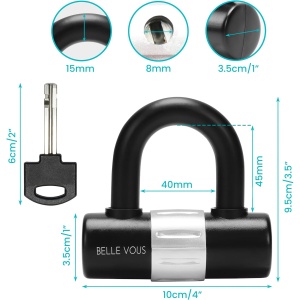 Lacat antifurt Belle Vous, tip U, cu 3 chei, carcasa din otel intarit cu protectie din plastic, rezistent la intemperii, 10 x 9.5 cm, arc 15 mm, Negru - Img 2