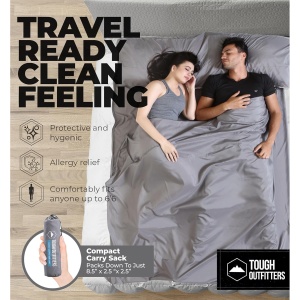 Lenjerie de pat travel tip sac de dormit Tough Outfitters, din fleece, pentru 2 persoane, 188 x 216 cm, ultrausor, cu fermoar, Gri - Img 6