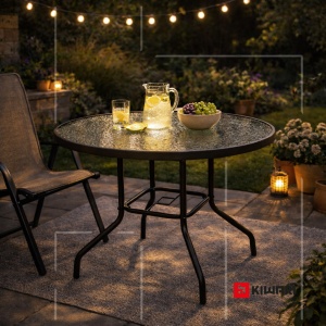 Masa Rotunda Kiwari® Porto, Blat din sticla, Diametru 90 cm x Inlatime 71 cm, 4 Persoane, Gradina/Terasa, Gri - Img 3