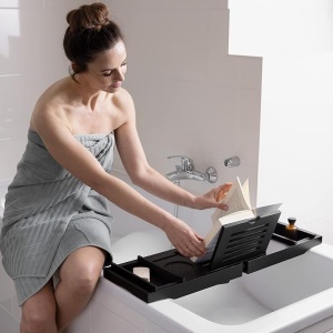 Masuta extensibila pentru cada Navaris, din bambus, 75–108 cm, masuta de servire la pat, cu suport pentru carte, tableta si pahar, Negru - Img 3