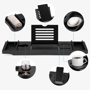 Masuta extensibila pentru cada Navaris, din bambus, 75–108 cm, masuta de servire la pat, cu suport pentru carte, tableta si pahar, Negru - Img 6