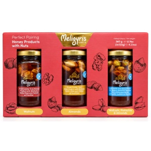 Miere cretana premium Meligyris, 3 x 120g, Nuci, Migdale, Fistic, 100% natural