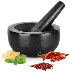 Mojar cu pistil profesional, Gourmeo, din granit, 400 ml, 16 x 16 x 8 cm, usor de curatat, Negru