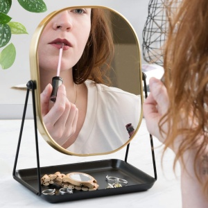 Oglinda Cosmetica Navaris, Rotativa 360°, Ovala, 2 Fete 1x/3x, cu Baza Metalica si Tava pentru Bijuterii, 18 x 22.6 cm, Negru/Auriu - Img 2