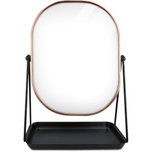 Oglinda cosmetica Navaris, rotativa 360°, ovala, cu baza metalica si tava pentru bijuterii, 18 x 28 cm, Negru/Bronz