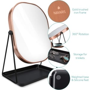 Oglinda cosmetica Navaris, rotativa 360°, ovala, cu baza metalica si tava pentru bijuterii, 18 x 28 cm, Negru/Bronz - Img 7