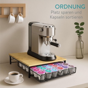 Organizator capsule cafea Navaris, sertar depozitare pentru capsule K-Cup/Dolce Gusto, suport pentru aparat cafea, metal si bambus, 35 x 32.5 x 9 cm, Negru/Natur - Img 9