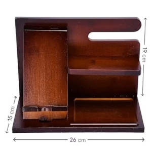 Organizator de birou din lemn, OfficeWorld, raft din bambus pentru birou sau noptiera, suport pentru pixuri, suport pentru telefon, raft pentru accesorii mici, 26 x 15 x 19 cm, maro - Img 5