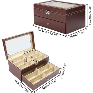 Organizator ochelari Kurtzy, 33.5 x 19 x 15.2 cm, 12 compartimente, 2 niveluri cu sertar, piele ecologica, capac sticla, Maro - Img 7