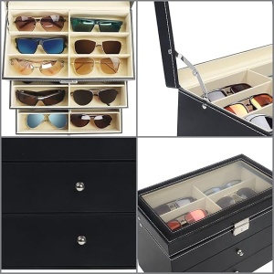Organizator ochelari Kurtzy, 33.5 x 19 x 22 cm, 18 compartimente, 3 niveluri cu 2 sertare, piele ecologica, capac sticla, Negru - Img 2