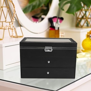 Organizator ochelari Kurtzy, 33.5 x 19 x 22 cm, 18 compartimente, 3 niveluri cu 2 sertare, piele ecologica, capac sticla, Negru - Img 6