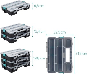 Organizator pentru scule Navaris, 3 buc, compartimente reglabile, 31.5 x 22.5 x 19.8 cm, cutie depozitare suruburi si piese mici, plastic rezistent, Negru - Img 5