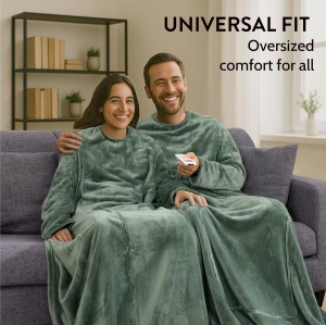 Patura cu maneci HOMELEVEL, transformabila in perna cu fermoar, 200x150 cm, fleece poliester, pentru calatorii si casa, Verde - Img 4