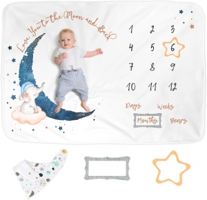 Patura Pufoasa Milestone Luka&Lily, Pentru Aniversari Bebelusi, 100x150 cm, Material Catifelat, Fin si Pufos din Flanel, Baveta, Chenare Selectare Varsta, Tema Luna elefantului