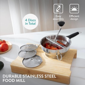 Presa manuala pentru pasat Navaris, pentru piure de fructe si legume, 27.5 x 25.5 x 17.5 cm, din otel inxodabil, 2.3 L, 4 discuri, Argintiu - Img 5