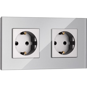 Priza dubla Navaris, inacastrabila, cu rama din sticla securizata, 15.5 x 8.7 cm, design elegant, 4000W, Gri