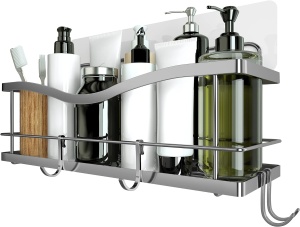 Raft de dus Kincmax, nu necesita gaurire, din otel inoxidabil, raft auto-adeziv pentru depozitare in bucatarie, cu carlige, 13 x 13 x 32 cm