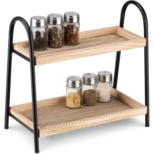 Raft depozitare Navaris, 2 niveluri, 38.5 x 20 x 36 cm, din lemn, pentru bucatarie, baie, birou, Maro.Negru