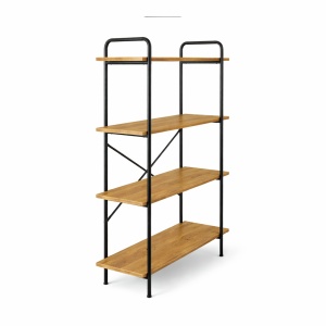Raft Kiwari® Quad, 4 polite, 112×34×80 cm, MDF si Metal, Design Modern Industrial, Negru & Stejar