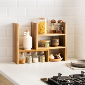 Raft organizator birou reglabil Navaris, 64x15.5x40 cm, modular, natural, lemn acacia, maro, lemn - Img 4