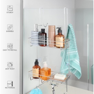 Raft pentru dus Belle Vous, 31 x 12 x 66 cm, cu 2 cosuri, 2 ventuze, Agatatoare pentru prosoape, Montare fara gaurire, Otel inoxidabil, Argintiu - Img 5