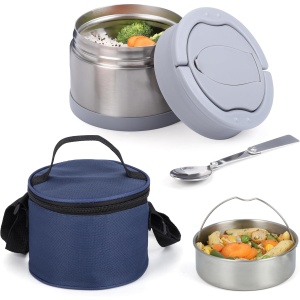 Recipient termic alimentar Belle Vous 700 ml, inox, termos alimentar cu 2 niveluri, capac etans, lingura inclusa, pentru birou, scoala, camping. geanta transport, Albastru