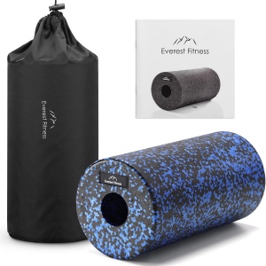 Rola cilindru pentru masaj, Everest Fitness, din spuma EPP, pentru yoga, pilates, fitness, relaxare musculara, 30 x 15 cm, geanta depozitare, ghid exercitii, Negru/Albastru