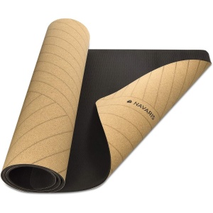 Saltea de yoga Navaris, 183 x 61, din pluta, design cu linii, antiderapanta, Maro - Img 7