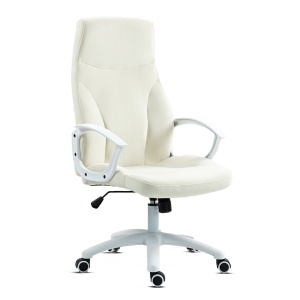 Scaun birou Kiwari® Mom, spatar inalt, cadru alb, brate fixe, sezut cu spuma si tesatura, mecanism fluture, baza nylon, roti PU, Alb