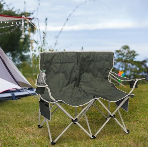Scaun camping dublu Navaris, 2 locuri, 130 x 30 x 85 cm, pliabil, cotiere si suport pahare, buzunare depozitare, material Oxford, Verde - Img 7