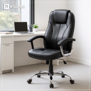 Scaun de birou ergonomic Kiwari® Ako, spatar inalt, mecanism inclinabil cu reglaj pe gaz, brate ergonomice fixe din PP, baza cromata, roti nylon silentioase / rotatie 360°, tapiterie PU+PVC, suporta 136 kg, Negru - Img 2