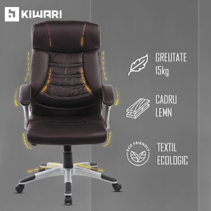 Scaun de birou ergonomic Kiwari® Eliot, spatar inalt, mecanism inclinabil cu reglaj pe gaz, rotatie 360°, brate late PP ergonomice, baza cromata stabila, roti nylon silentioase, tapiterie PU+PVC neteda, suporta 136 kg, Maro inchis - Img 3