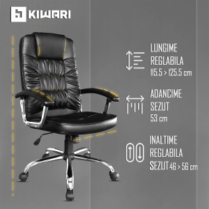 Scaun de birou ergonomic Kiwari® Nobu, spatar inalt, mecanism inclinabil cu reglaj pe gaz, rotatie 360°, brate fixe PP rezistente, baza cromata stabila, roti nylon silentioase, tapiterie PU+PVC neteda si usor de curatat, suporta 136 kg, Ne - Img 3