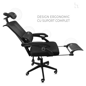 Scaun ergonomic de birou Kiwari® Zen, suport extensibil pentru picioare, spatar rabatabil 135°, tetiera, negru - Img 6