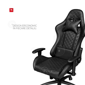 Scaun gaming Kiwari® Atom, spatar rabatabil 180°, brate 2D, perne lombara si cervicala, baza metalica, negru - Img 3