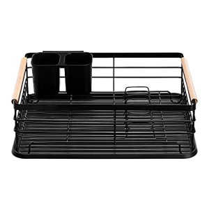 Scurgator de vase si tacamuri, 42.5 x 31.5 x 14 cm, din metal, manere din bambus, tava scurgere, suport detasabil pentru tacamuri, Negru