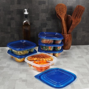 Set 10 caserole alimentare, FRESHLY CONTAINED, 2 comportimente, 620 ml, din plastic, fara BPA, capace etanse, reutilizabile, lavabile in masina de spalat vase, potrivite pentru cuptorul cu microunde si congelator, Albastru/Transparent - Img 6