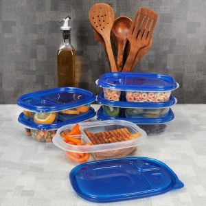 Set 10 caserole alimentare, FRESHLY CONTAINED, 3 compartimente, 780 ml, din plastic, fara BPA, capace etanse, reutilizabile, lavabile in masina de spalat vase, potrivite pentru cuptorul cu microunde si congelator, Albastru/Transparent - Img 3