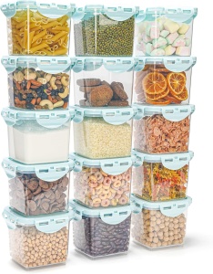 Set 15 recipiente de depozitare, Belle Vous, 650 ml, 11 x 10 cm, din plastic fara BPA, capace albastre etanse, Transparent