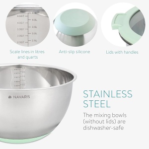 Set 2 boluri metalice multifunctionale cu capac Navaris, 20 cm si 24 cm, 3 razatori, Antiderapant, Inox, argintiu/verde - Img 5