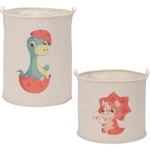 Set 2 cosuri depozitare pentru copii Navaris, design dinozaur, 50 x 40 cm / 35 x 40 cm, pliabile, din panza si bumbac, pentru jucarii sau haine, Crem/Rosu