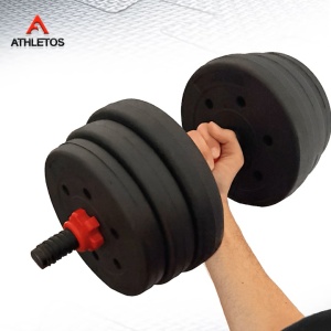 Set 2 gantere reglabile, Athletos®, 20 kg, (4x3, 2x2.5, 2x1.25Kg), bara conector inclusa, discuri ciment, multiple combinatii, Rosu/Negru - Img 8