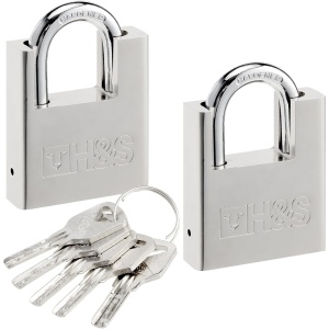 Set 2 lacate H&S, din otel, 60 mm x 40 mm, rezistente la intemperii, 5 chei, pentru interior si exterior, Argintiu
