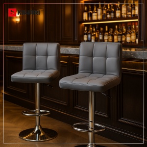 Set 2 Scaune Bar/Bucatarie Kiwari® Lior, Inaltime 59-79 cm, Sezut PU, Spuma si Baza Rotativa Crom, Design Modern Bucatarie/Dining, Capacitate 120 kg, Gri - Img 2